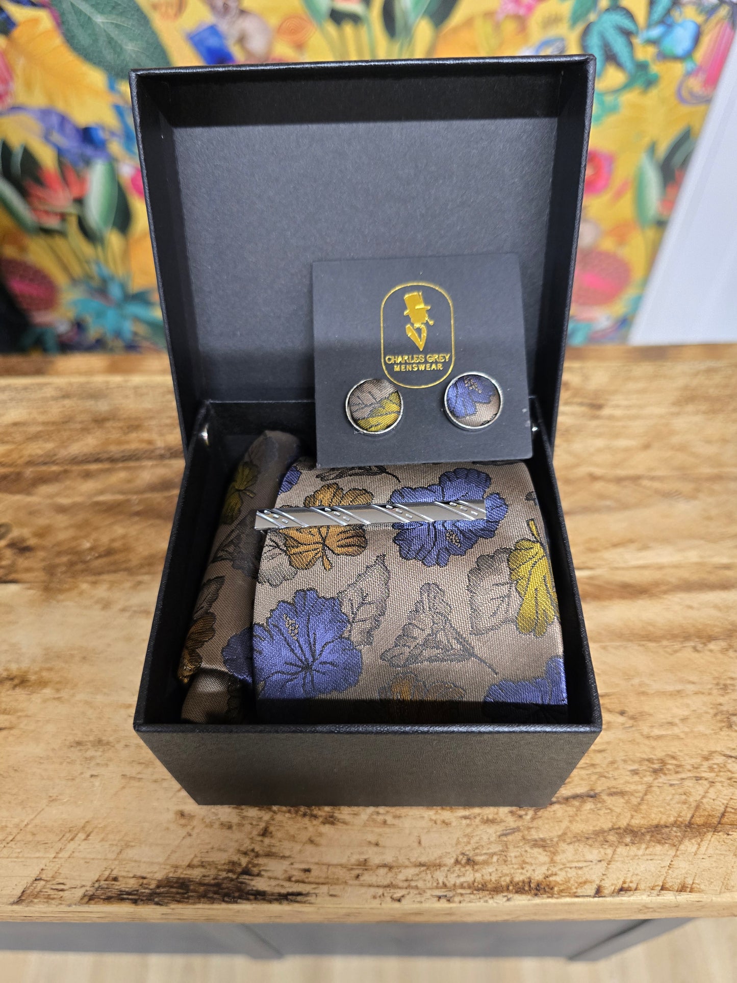 Charles Grey Brown/Blue/Gold Floral Tie set
