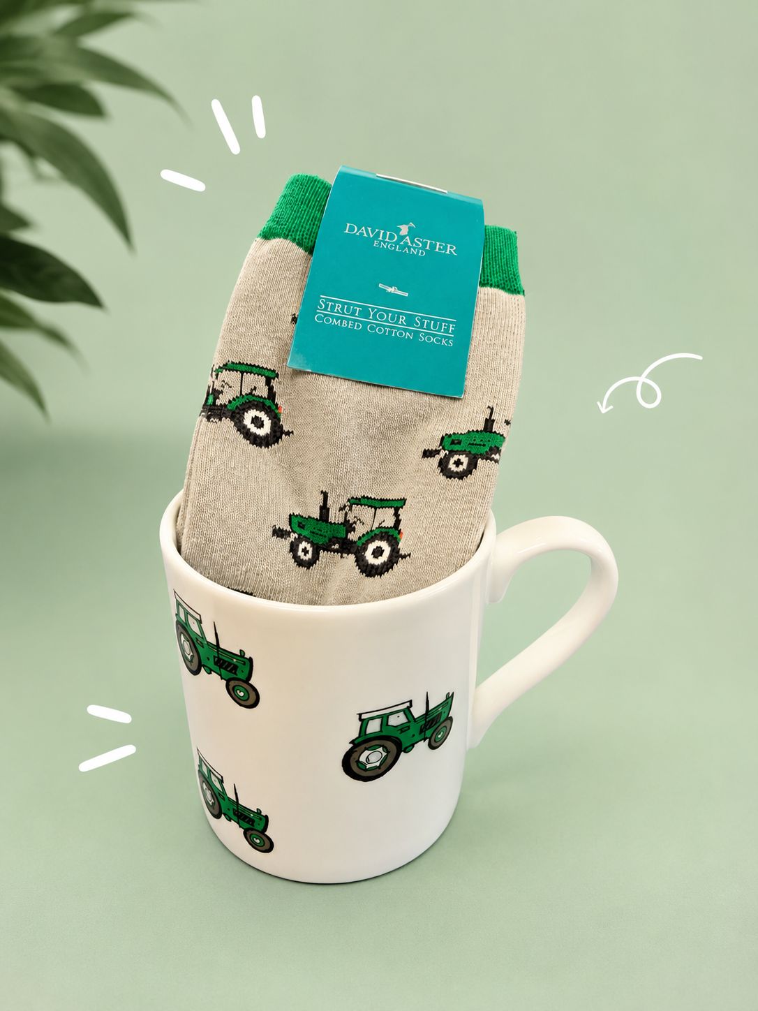 David Aster Green Tractor China Mug and Sock Set