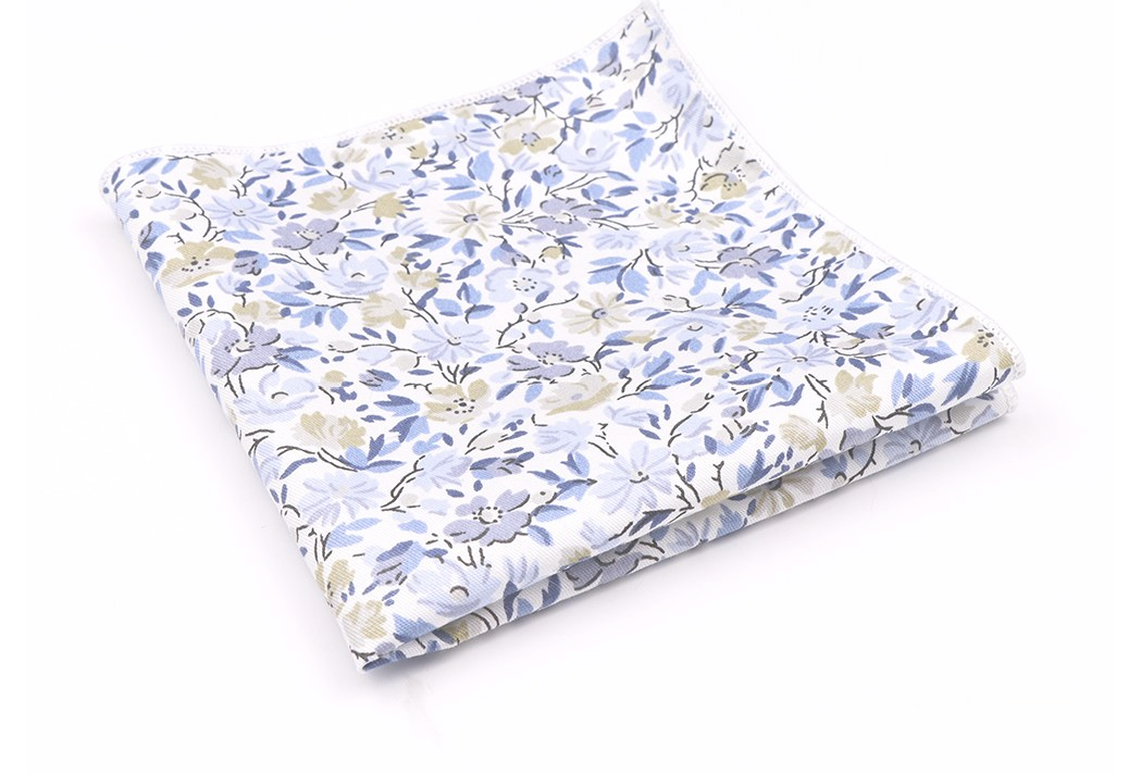Jenson Samuel Dusky Blue floral cotton classic tie and pocket square set