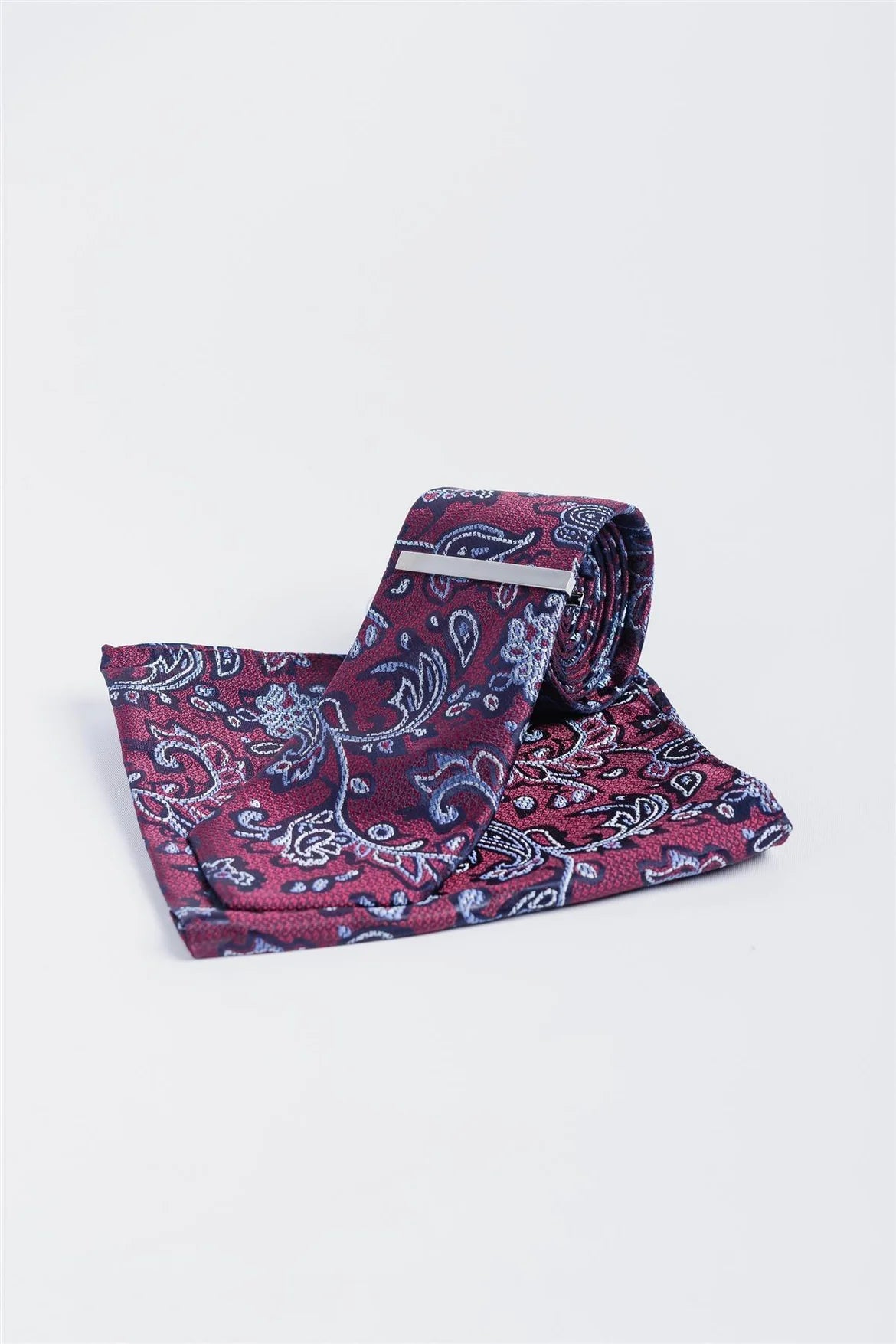 Cavani CV811 Wine/Blue Paisley Tie Set