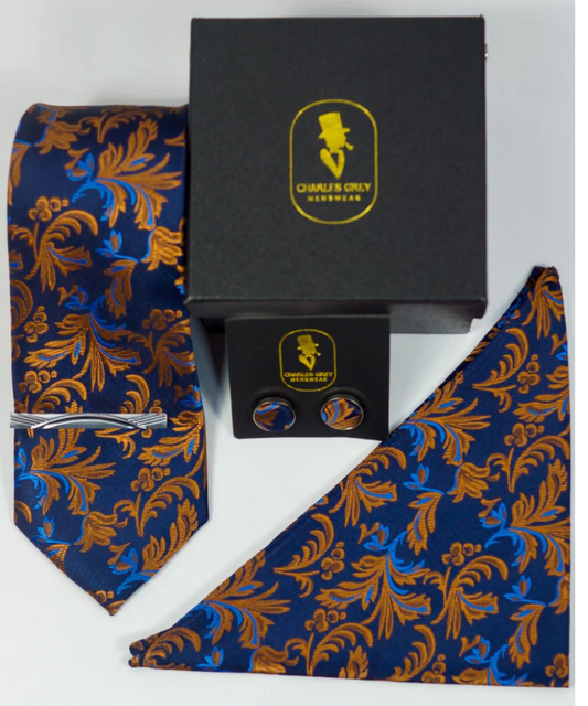 Charles Grey Navy & Copper Floral Tie Set