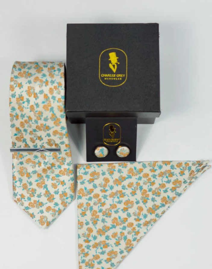 Charles Grey Silver & Orange Floral Tie set