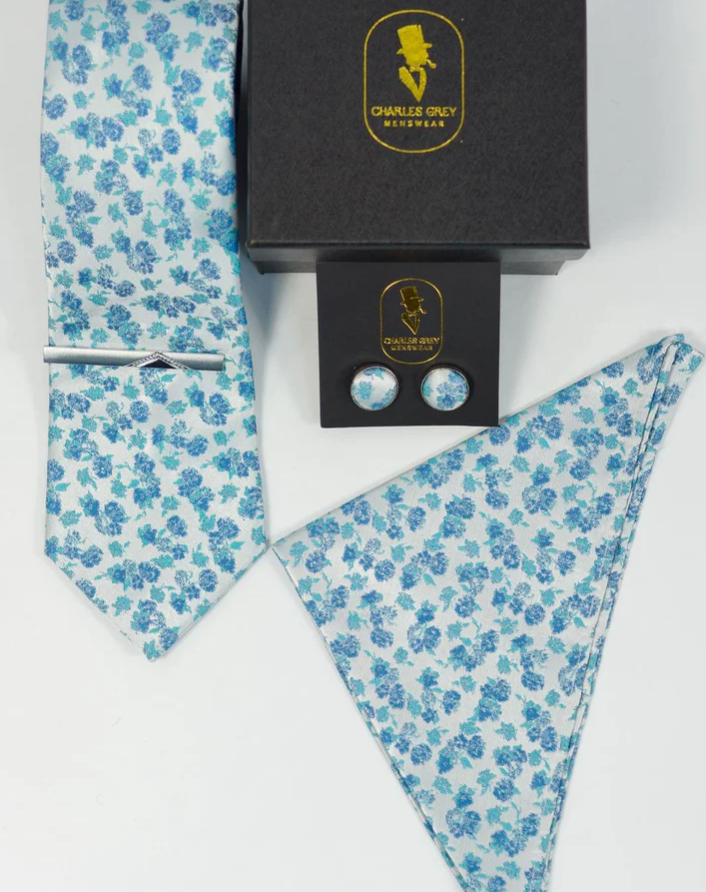 Charles Grey Teal Floral Tie Set