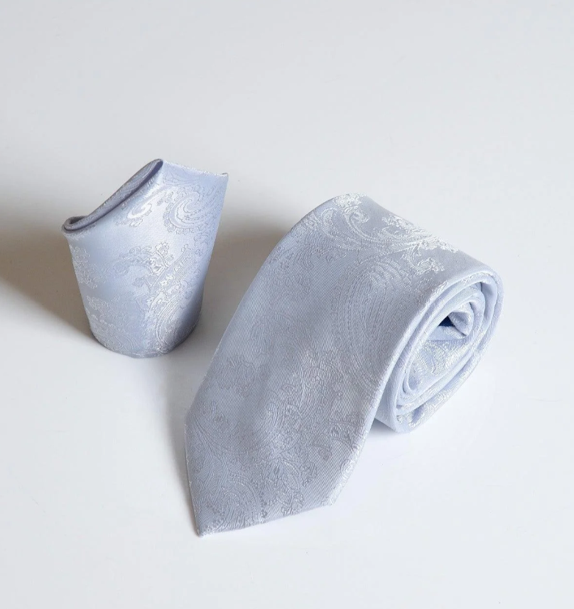 Marc Darcy Silver Paisley Tie and Pocket Square Set