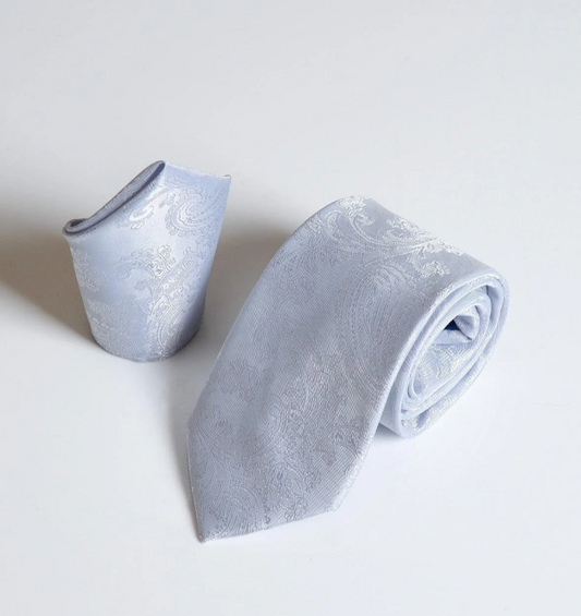 Marc Darcy Silver Paisley Tie and Pocket Square Set