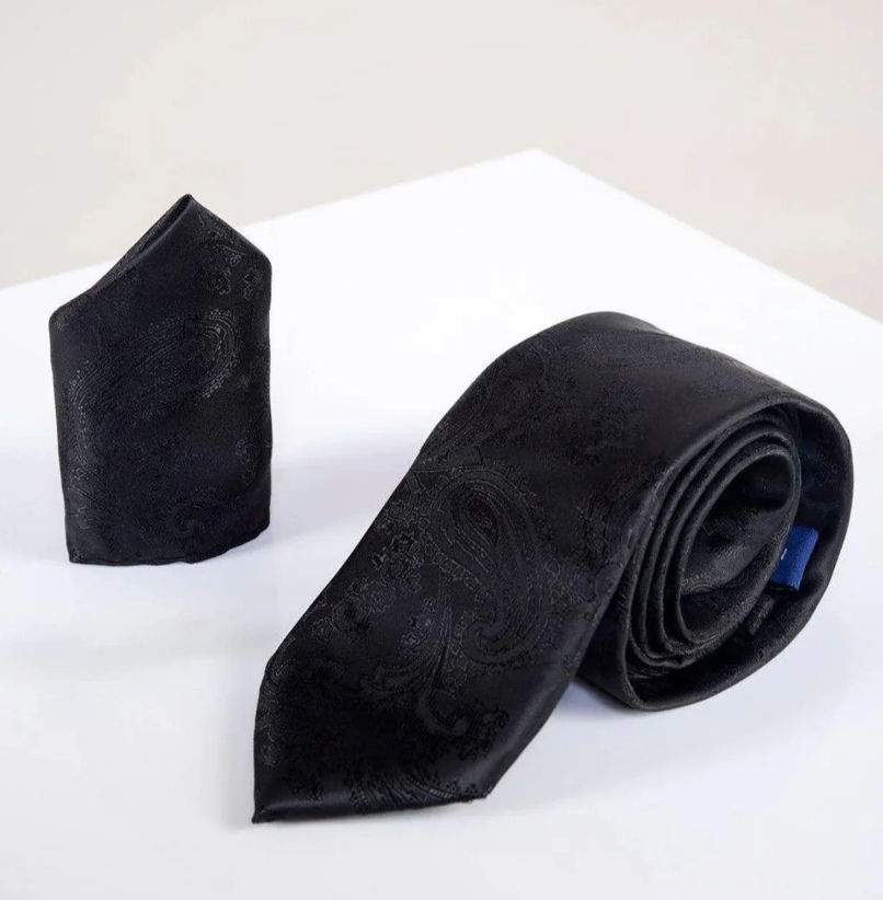 Marc Darcy Black Paisley Tie and Pocket Square Set