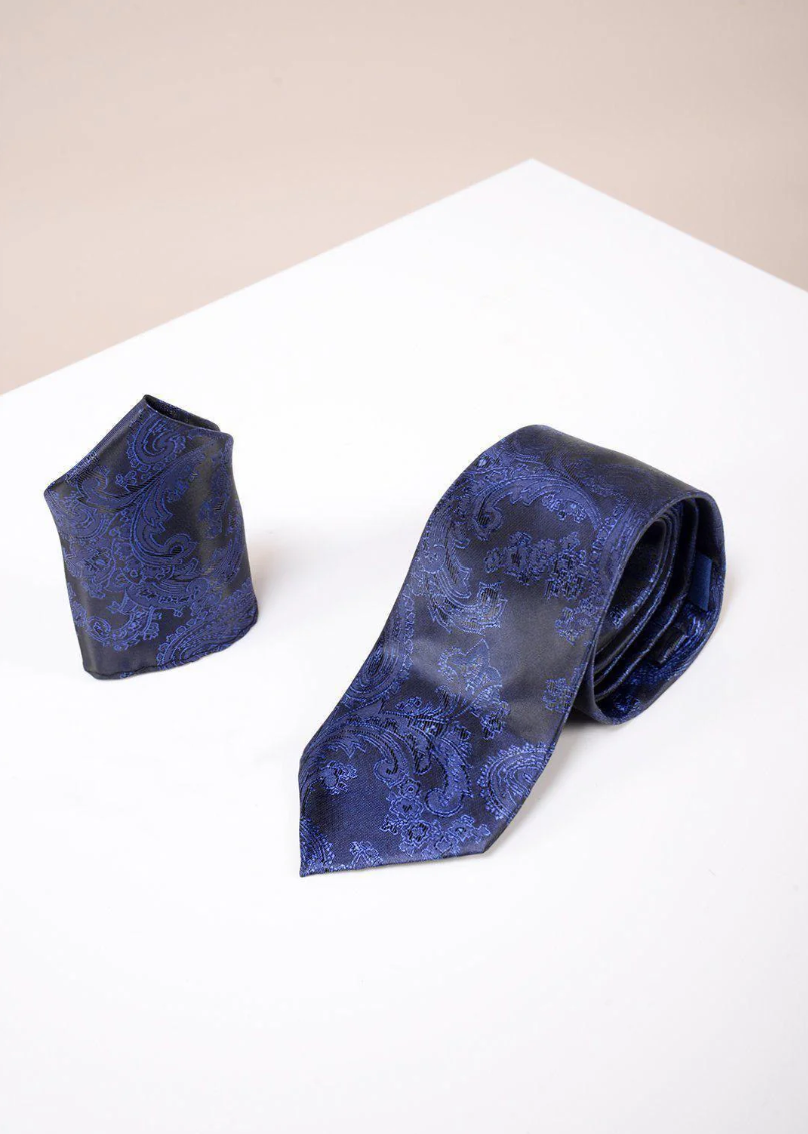 Marc Darcy Navy Paisley Tie and Pocket Square Set