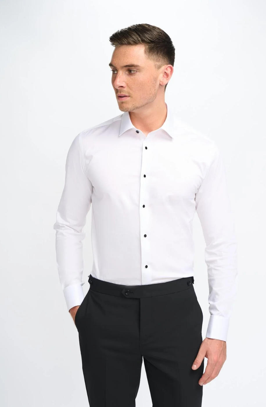 Cavani Havana Formal White Dress Shirt with Black Buttons French Cuff