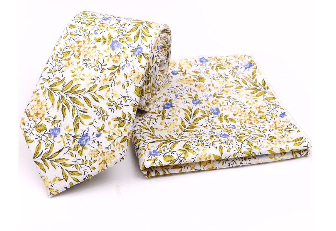 Jenson Samuel Yellow floral cotton classic tie and pocket square set