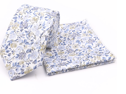 Jenson Samuel Dusky Blue floral cotton classic tie and pocket square set