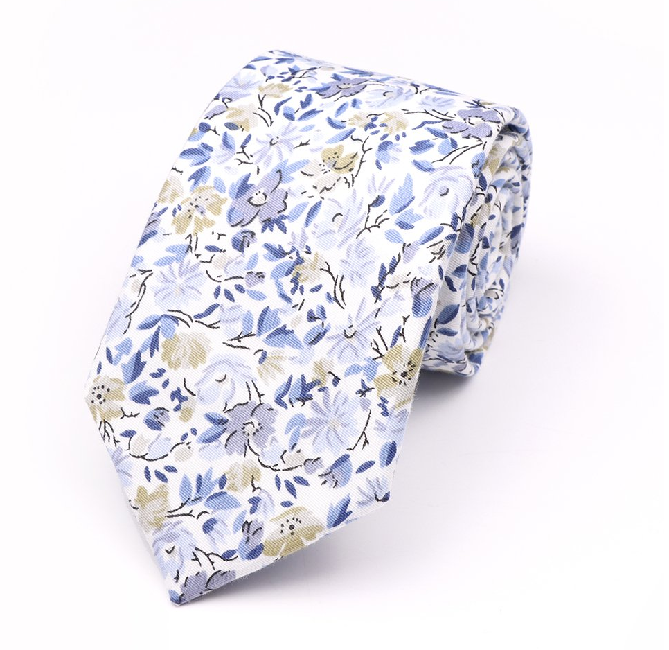 Jenson Samuel Dusky Blue floral cotton classic tie and pocket square set