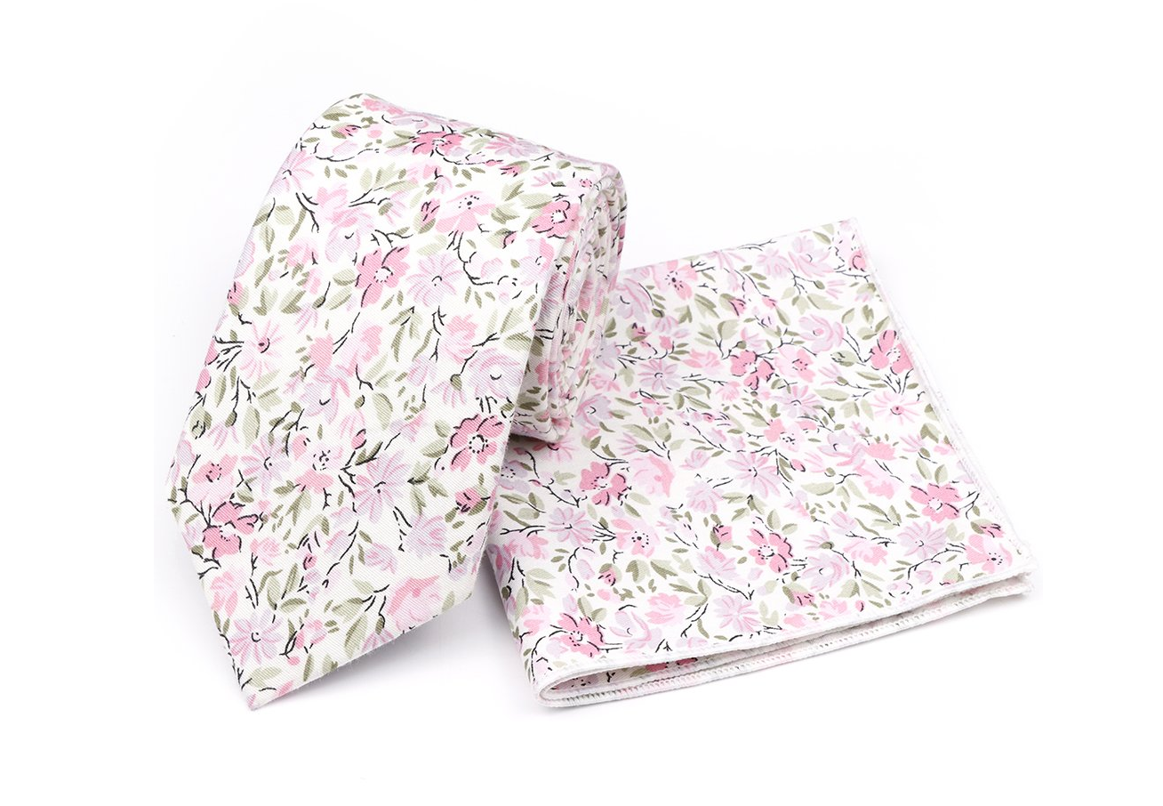 Jenson Samuel Soft pink floral cotton classic tie and pocket square set