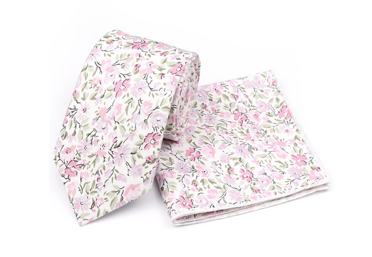 Jenson Samuel Soft pink floral cotton classic tie and pocket square set