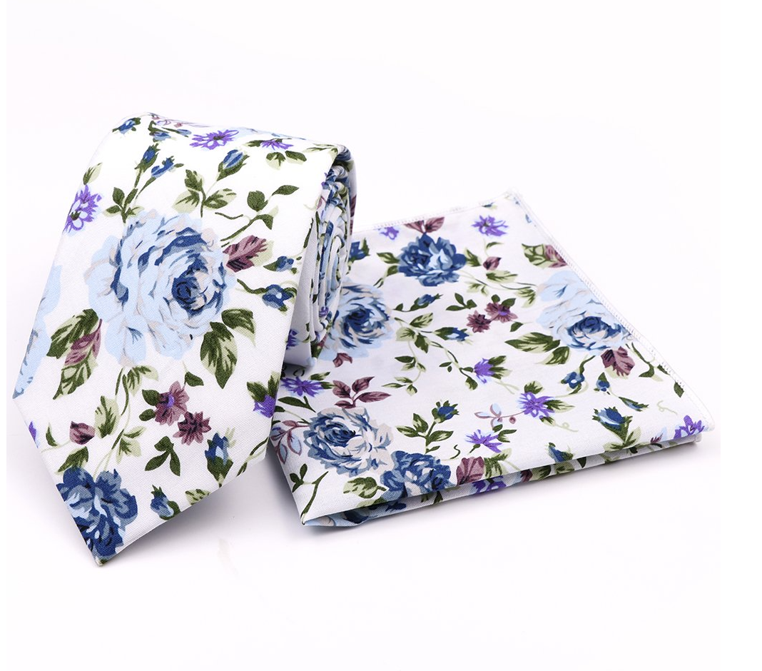 Jenson Samuel Blue floral cotton classic tie and pocket square set