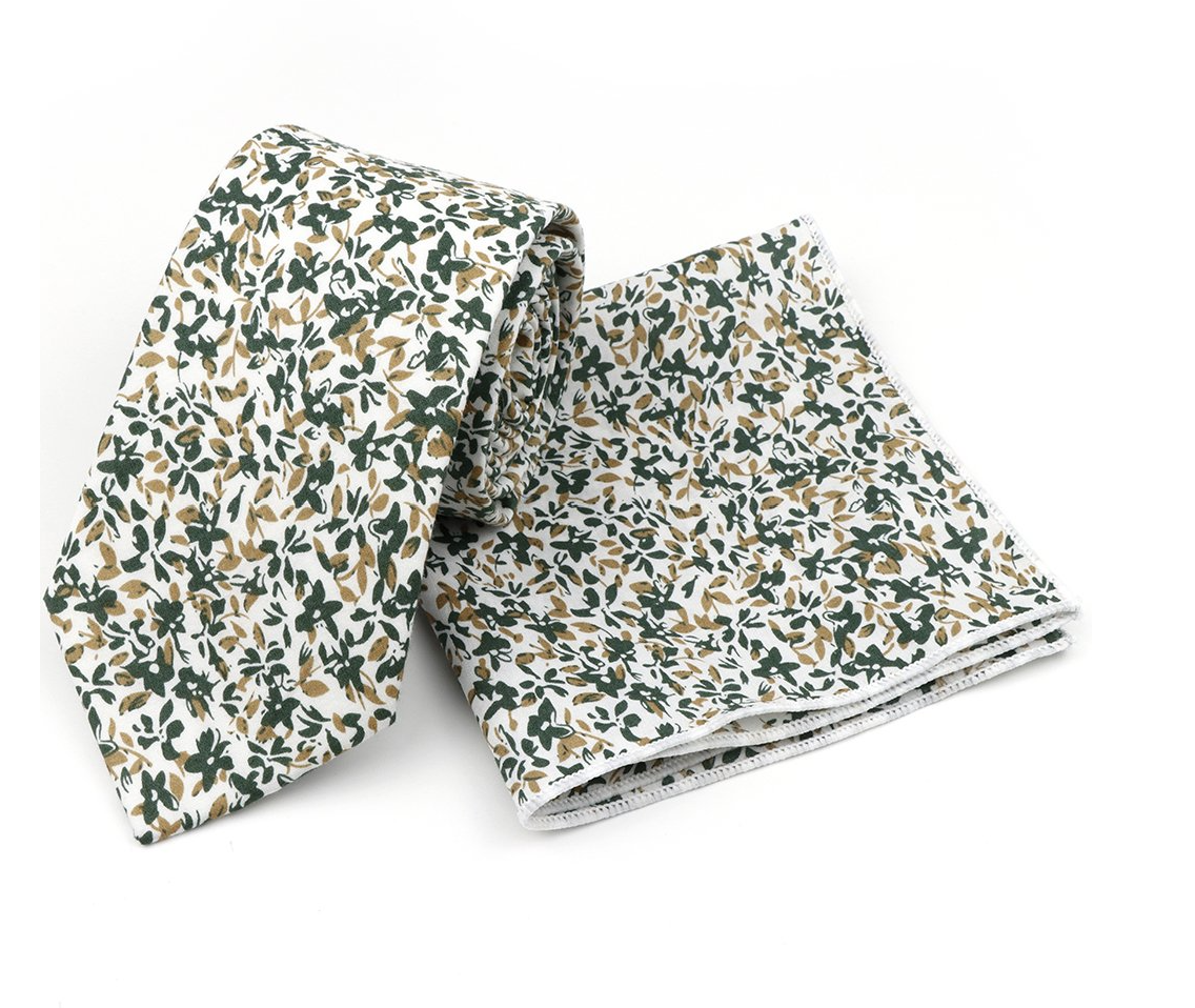 Jenson Samuel Olive floral cotton classic tie and pocket square set