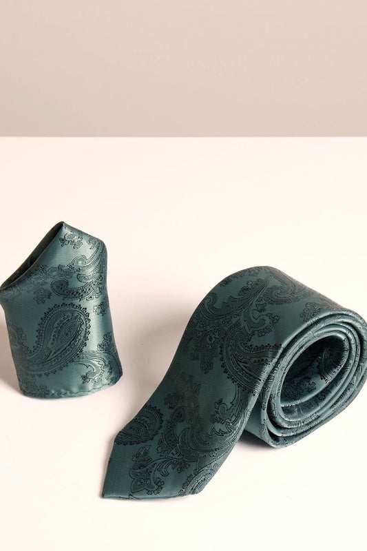 Marc Darcy Bottle Green Paisley Tie and Pocket Square Set